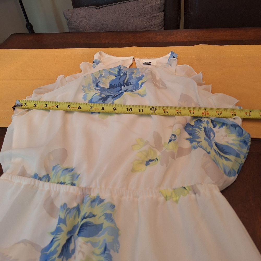 Old Navy White Dress with Blue and Green Floral Pattern Ruffles Mesh Maxi M - Picture 14 of 16